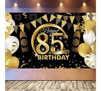 PLATEYTR 85 Años Decoración de Fiesta de Cumpleaños85 Años Fondo de Cumpleaños de Oro Negro,85 Años Banner de Fondo de Feliz Cumpleaños,Póster de Tela Cartel Extra Grande