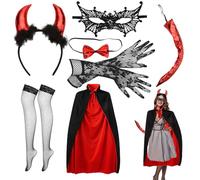 PLATEYTR Disfraz Diablo Mujer con Tenedor, Disfraz de Vampira - Capa de Vampiro de Doble Cara Negra y Roja para Halloween, Capa Diablo con Cuello, Estilo Medieval para Mujer Talla Grande