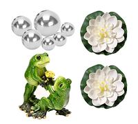 PLATEYTR Set de decoración para Estanque de jardín, Dos Ranas con Bolas de Plata y 2 Unidades de Flor de Loto como decoración de jardín para Estanque pequeño (A03)