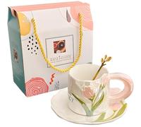 Platillo de café de cerámica en relieve de 8 onzas con cuchara y caja, elegante tulipán floral hecho a mano, estilo ornamentado, té de la tarde, regalo para Navidad, cumpleaños, amistad, oficina en