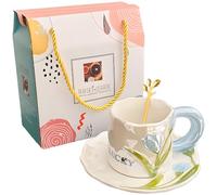 Platillo de café de cerámica en relieve de 8 onzas con cuchara y caja, elegante tulipán floral hecho a mano, estilo ornamentado, té de la tarde, regalo para Navidad, cumpleaños, amistad, oficina en
