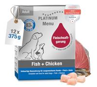 PLATINUM - Alimento para perros Menu Adult Fish+Chicken de carne de salmón - 12 x 375 g de alimento para perros rico en nutrientes como el barf - especialmente jugoso para perros pequeños y grandes