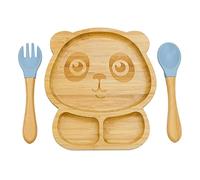 Plato con Ventosa para Bebés,Feelhap Plato de Alimentación con Tenedor y Cuchara para Bebés,Plato BLW con Compartimentos,Natural Juego de Cubiertos para Bebés y Niños (Panda_Azul)