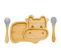 Plato con Ventosa para Bebés,Feelhap Plato de Alimentación con Tenedor y Cuchara para Bebés,Plato BLW con Compartimentos,Natural Juego de Cubiertos para Bebés y Niños (Mavericks_Gris)
