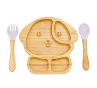 Plato con Ventosa para Bebés,Feelhap Plato de Alimentación con Tenedor y Cuchara para Bebés,Plato BLW con Compartimentos,Natural Juego de Cubiertos para Bebés y Niños (Cachorro_Rosa)