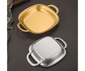 Plato cuadrado de acero inoxidable para servicio de barbacoa coreana con compartimento profundo para alimentos y asas dobles para soportar un transporte seguro y estable (18 cm, plateado)