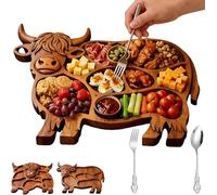 Plato de charcutería de Carne de Res de Madera, Plato de charcutería Estilo Carne de Res de Las Tierras Altas con 1 Tenedor y Cuchara, Estilo Granja, Hecho de Madera Maciza Natural(A)