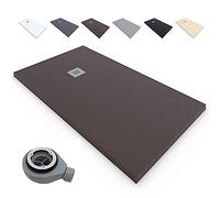 Plato de Ducha RESINA Extraplano EstiloBaño®TERRA - Antideslizante TEXTURA PIZARRA - Todas Las Medidas Disponibles -Varios colores -【80x80, Chocolate Ral-8017】- Incluye Válvula desagüe+Rejilla
