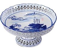 Plato de fruta de porcelana azul y blanca, plato de postre chino for el hogar, plato alto de templo budista, plato de ofrenda(A)