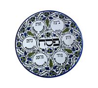 Plato de Pascua con flores verdes y azules, plato judío de cerámica armenia hebreo Israel Judaica regalo