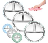 Plato de succión de silicona de acero inoxidable para nino piqueno, 3 paquetes, tipo dividido, plato de cubierta de silicona de grado alimenticio, lavavajillas sin plomo seguro, azul, verde y gris