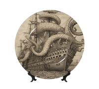 Plato decorativo de cerámica con diseño de pulpo pirata, plato de postre de porcelana con soporte de exhibición, pirata, pulpo, hueso, porcelana, para colgar en casa, oficina, decoración de pared