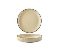 Plato Llano de Cerámica,Plato Redondo Reutilizable,Apto Para Desayunos Cenas Postres Pastas Frutas Ensaladas,Gran Capacidad,Rayas Verticales,Apto Para Microondas y Lavavajillas (Beige, S2)