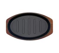 Platos de carne - Even Heat Distribution for Perfect Cooking | 10 Inch Oval BBQ Cast Iron Serving Platter With Wooden Base | For Cooking Grilling Serving Home Kitchen Restaurant Barbecue Picnic