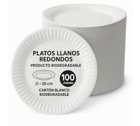 Platos de cartón blancos biodegradable, Plato de cartón llano redondo, apto para uso alimentario, Recomendado solo para alimentos secos, Certificado FSC® MIX 70%, Diámetro 20 cm, 100 unidades
