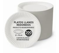 Platos de cartón blancos biodegradable, Plato de cartón llano redondo, apto para uso alimentario, Recomendado solo para alimentos secos, Certificado FSC® MIX 70%, Diámetro 18 cm, 200 unidades