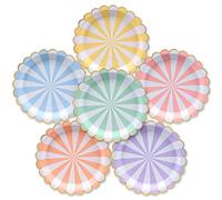 Platos de papel artísticos, paquete de 50, platos de papel desechables, borde escalopado en hojas de oro, pastel a rayas, 6 colores, 23 cm