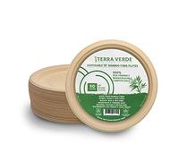 Platos de papel desechables de fibra de bambú de 25 cm, redondos, paquete de 50 unidades, grandes, sin blanquear, marrón natural, 100% compostables, ecológicos, extra fuertes para fiestas, picnics