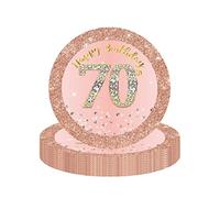 Platos de papel Happy 70th Birthday de 7 pulgadas, oro rosa, 16 platos de fiesta de cumpleaños para mujer, vajilla desechable, suministros de fiesta de 70 cumpleaños para mujer, decoración de mesa