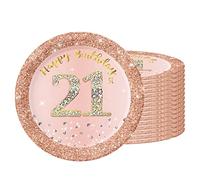 Platos de papel para 21 cumpleaños, 16 platos desechables de cumpleaños, 18 cm, platos de papel desechables para jóvenes y niñas, platos de papel rosa y dorado para fiestas de cumpleaños, Happy 21st