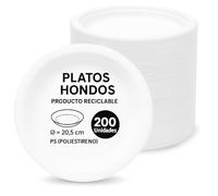 Platos de plástico blancos reutilizables, Plato de plástico hondo redondo, apto para alimentos calientes, Platos extra resistentes, Norma UNE-EN-12875-1, Diseño hondo diámetro 20.5 cm, 200 unidades
