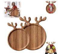 Platos de servir de Navidad, plato de servir de Navidad con mango de cuernos/renos, bandeja de madera de Navidad, plato de comida de madera, plato de frutas, tabla decorativa de charcutería para