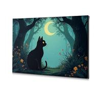Platos decorativos con diseño de gato negro sentado bajo una luna creciente en un bosque. Lienzo decorativo para decoración de baño, decoración de pared del hogar (40 x 60 cm)