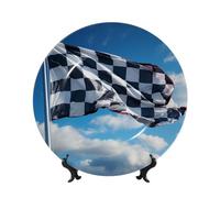 Platos decorativos de cerámica con bandera a cuadros, plato decorativo de porcelana china con soporte de exhibición hecho a mano, adorno de cerámica con personalidad, plato de cena de porcelana