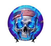 Platos decorativos de cerámica con diseño de calavera de bandera de Estados Unidos, plato decorativo de porcelana con soporte de exhibición hecho a mano, adorno de cerámica con personalidad, plato de