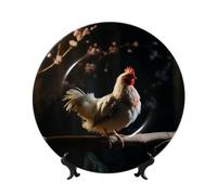 Platos decorativos de cerámica con diseño de pollo en una rama, plato decorativo de porcelana china con soporte de exhibición hecho a mano, adorno de cerámica con personalidad, plato de cena de