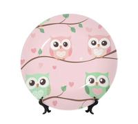 Platos decorativos de porcelana china con soporte, bonitos búhos rosas y verdes, placa redonda para cocina, comedor, gabinete de vino, decoración del hogar, 20 cm