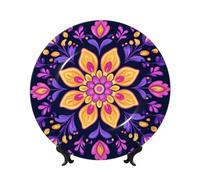 Platos decorativos de porcelana china con soporte, diseño de flores moradas y amarillas, placa redonda para cocina, comedor, gabinete de vino, decoración del hogar, 20 cm
