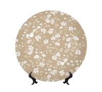 Platos decorativos de porcelana de hueso con soporte, flores blancas suaves sobre beige, gris pardo, placa redonda para cocina, comedor, gabinete de vino, decoración del hogar, 20 cm