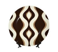 Platos decorativos de porcelana de hueso con soporte, líneas onduladas marrones blancas retro de mediados de siglo, placa de exhibición redonda para cocina, comedor, gabinete de vino, decoración del