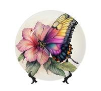 Platos decorativos de porcelana de hueso con soporte, mariposa posada en una flor redonda para cocina, comedor, gabinete de vino, decoración del hogar, 20 cm
