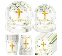 Platos y servilletas de primera comunión, juego de platos y servilletas de primera comunión, decoraciones para fiesta de bautismo con vasos, 7 9 pulgadas, blanco dorado, bautismo