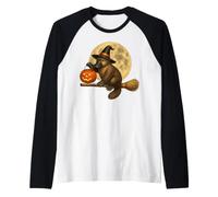Platypus Sombrero de Bruja Jack O Lantern Calabaza Luna Escoba Camiseta Manga Raglan
