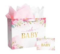Plauthus Bolsas de regalo grandes de 13 pulgadas para bebé con papel de seda y tarjeta de felicitación (oh BABY & Floral), bolsas de regalo de tamaño grande para baby shower, nuevos padres, recién