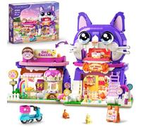 PLAXSOON Casa de Gatos con Luz para Niñas de 8-12+ | Juguete de Construcción Tienda de Snacks para Gatos con 3 Expresiones, Scooter de Reparto, Casa Miniatura Niños y Adultos