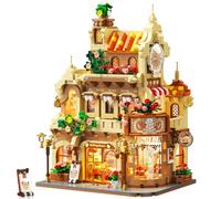 PLAXSOON City Panadería Cafetería Casa Kit de construcción con luz - 1289 piezas Backshop Baublock Juguetes con café, pasteles y pan - Pastelería Modelo de construcción para adultos, adolescentes y