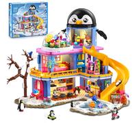 PLAXSOON Juguete de construcción de casa de pingüino para adultos, niñas | Casa de juegos de pingüino con tobogán columpio piscina, lindo animal en miniatura, juego de bloques de construcción