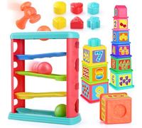 Play 3 in 1 Cubos Apilables Bebe, Juego de Martillo, Taza de Juguete Apilable con Números, Formas, Pare, Juguete Montessori de 1 2 3 años, Buen Regalo para bebés pequeños