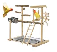 Play Ground Design Parrot Playground, Bird Gym with Swing and Chew Toys, Parrot Play Gym with Tray and Cups, Cockatiel Exercise Toys for Cockatiels, Lovebirds, Indoor, Outdoor, Home, Wood Color