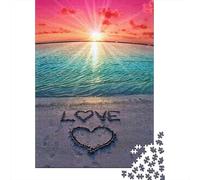 Playa al Atardecer Puzzle para Adultos Puzzle de 1000 Piezas Papel Arte de corazón en la Arena Relajación Puzzle para Toda la Familia Decoración Regalo 38x26cm/1000pcs
