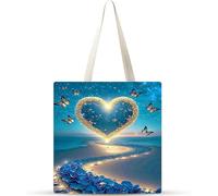 Playa del amor luz luna Bolsa de Lona 38x34cm Tote Bag sin Cremallera,juego de 20 Canvas Tote Bags para Mujer,Bolsa de Compras Plegable,Bolso de Mano Lavable para Compras,Trabajo,Vida Cotidiana,Viajes