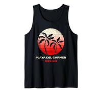 Playa del Carmen México Retro Atardecer Palmera Playa Silueta Camiseta sin Mangas