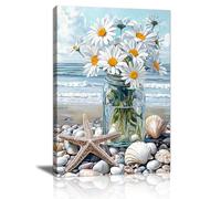 Playa Flores Blancas en el Jarrón Marco de Madera Cuadros, Elegante Azul Costa Paisaje Cuadros Decoracion Salon Pintura Lienzos Decorativos Para Pared Comedor Dormitorio Listo para colgar 60x40cm