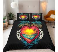 Playa Juego de Funda Nordica Cama 105 Calavera Al Atardecer Palmera Funda Nordica 200x200cm - Ropa de Cama Microfibra Suave con Cremallera Fundas Edredón con 2 Fundas Almohada 50x75cm