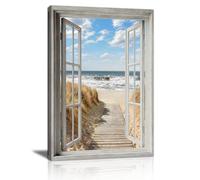 Playa Vista 3D Ventana Efecto Modernos Cuadros Decoracion Con Marcos, Azul Costa Paisaje Cuadro y Láminas Natural Playa Caña Lienzos Decorativos Para Salon Cocina Dormitorios Oficina 30X40cm