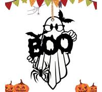 Playful and Cute: This Halloween wooden door sign features a playful ghost